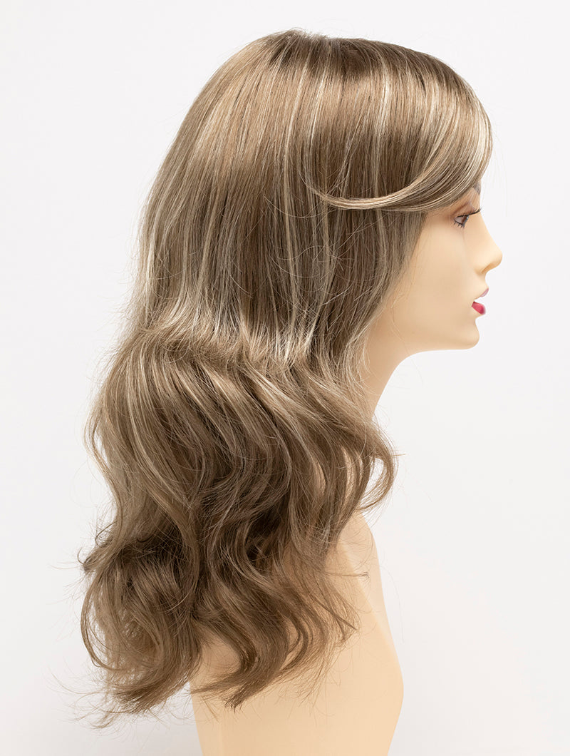 profile side of a long Kinner Beauty Wigs wig for woman on mannequin head 