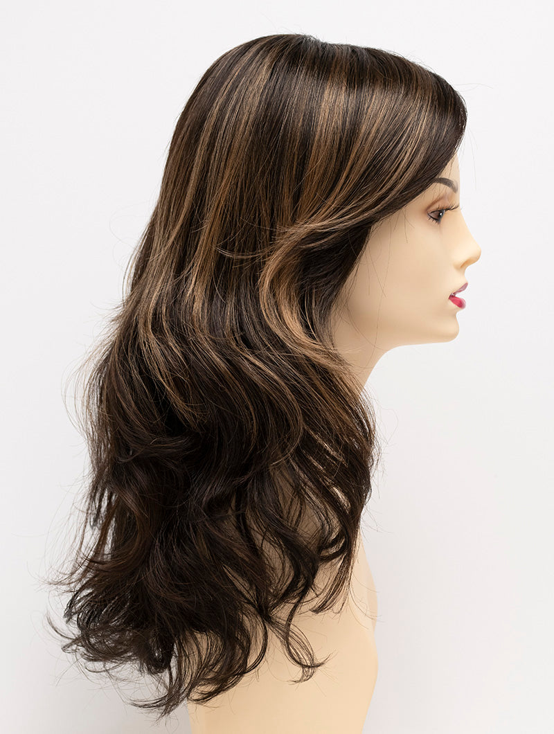 profile side of a long Kinner Beauty Wigs wig for woman on mannequin head 