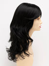 profile side of a long Kinner Beauty Wigs wig for woman on mannequin head 