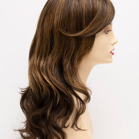 profile side of a long Kinner Beauty Wigs wig for woman on mannequin head 