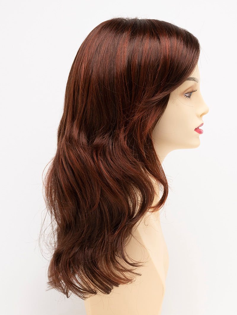 profile side of a long Kinner Beauty Wigs wig for woman on mannequin head 