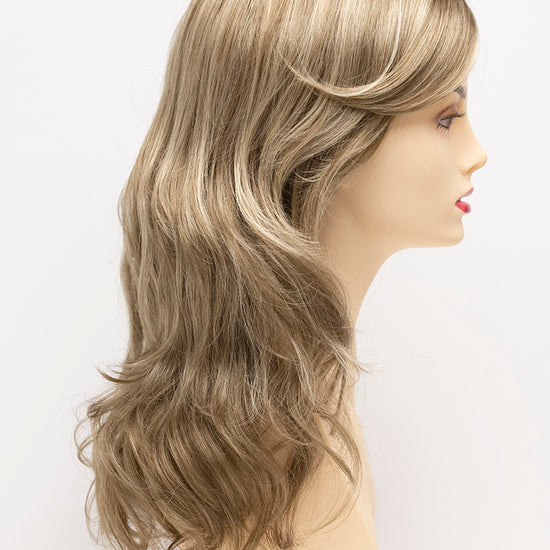 profile side of a long Kinner Beauty Wigs wig for woman on mannequin head 