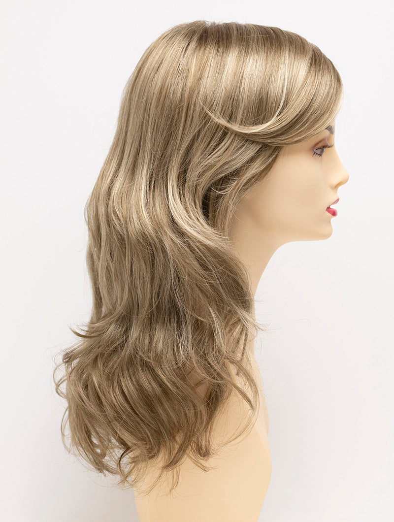 profile side of a long Kinner Beauty Wigs wig for woman on mannequin head 