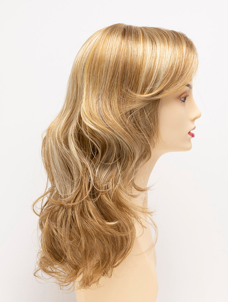 profile side of a long Kinner Beauty Wigs wig for woman on mannequin head 