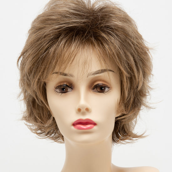 front side of a short Kinner Beauty Wigs wig for woman on mannequin head 