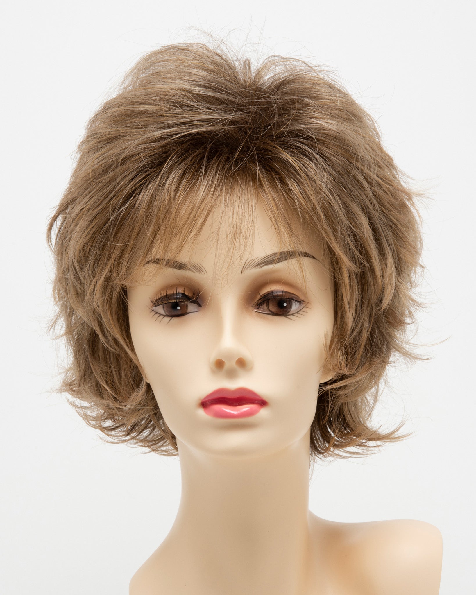 front side of a short Kinner Beauty Wigs wig for woman on mannequin head 