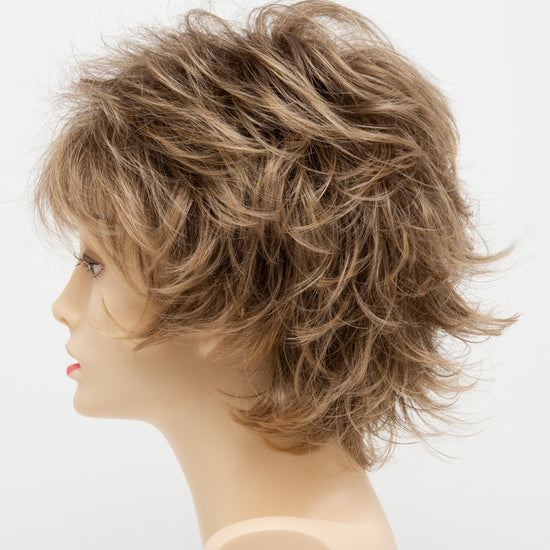 profile side of a short Kinner Beauty Wigs wig for woman on mannequin head 