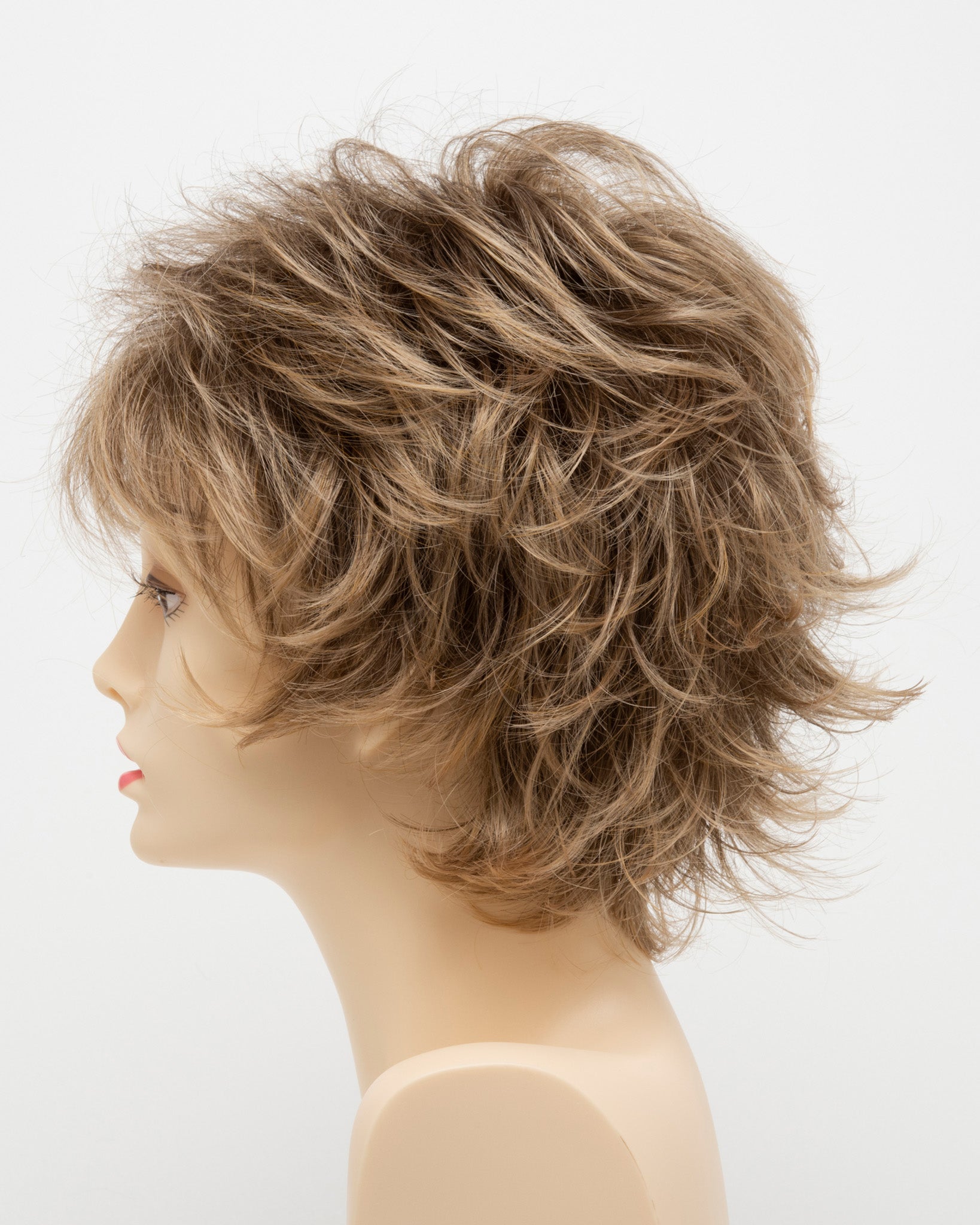 profile side of a short Kinner Beauty Wigs wig for woman on mannequin head 