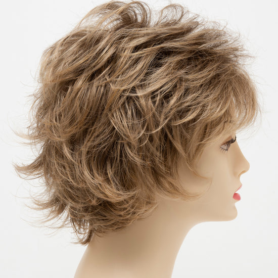 profile side of a short Kinner Beauty Wigs wig for woman on mannequin head 