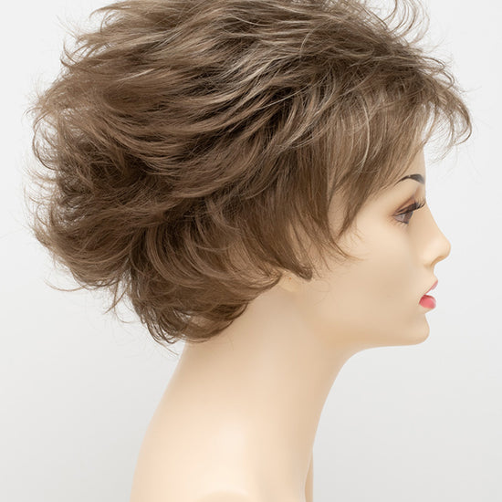 profile side of a short Kinner Beauty Wigs wig for woman on mannequin head 