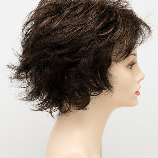 profile side of a short Kinner Beauty Wigs wig for woman on mannequin head 