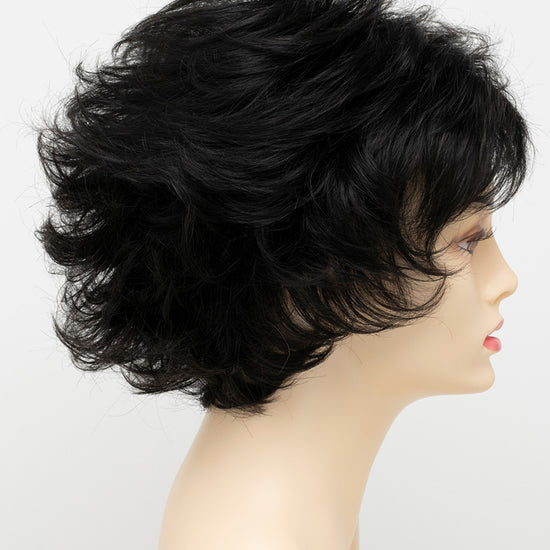 profile side of a short Kinner Beauty Wigs wig for woman on mannequin head 