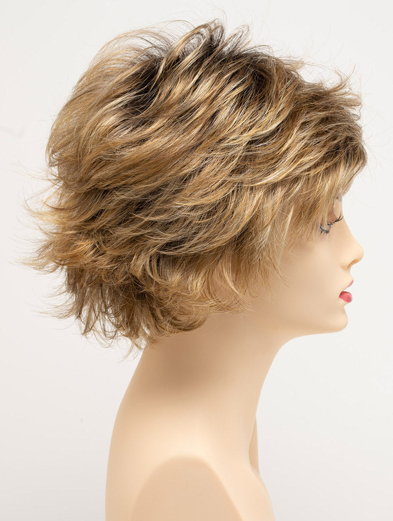 profile side of a short Kinner Beauty Wigs wig for woman on mannequin head 