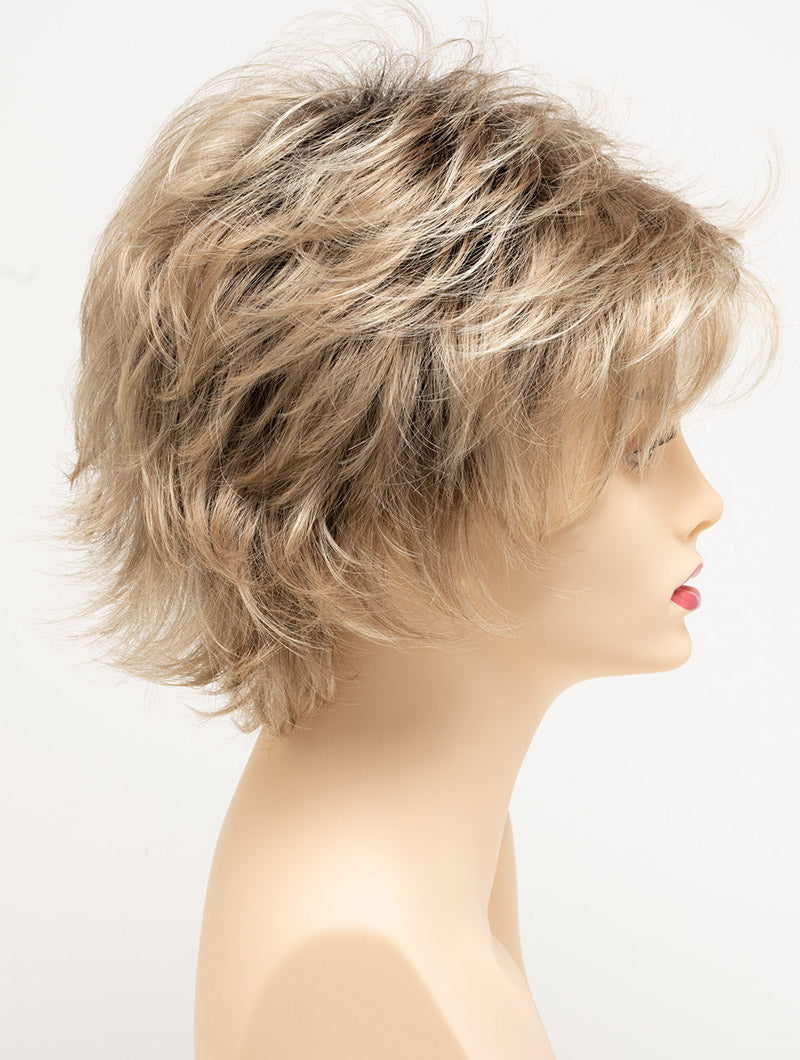 profile side of a short Kinner Beauty Wigs wig for woman on mannequin head 