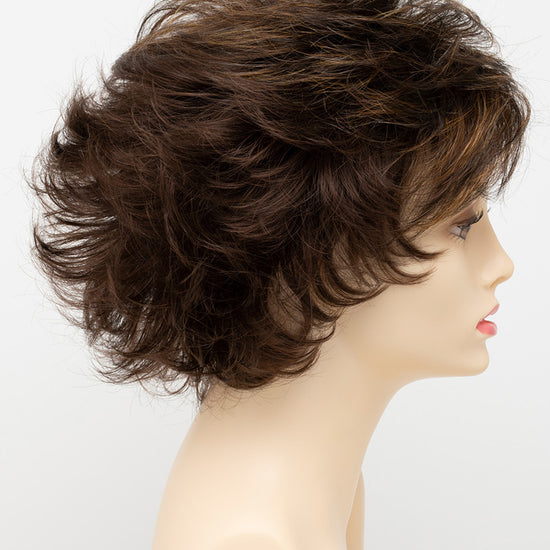 profile side of a short Kinner Beauty Wigs wig for woman on mannequin head 