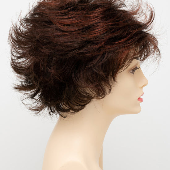 profile side of a short Kinner Beauty Wigs wig for woman on mannequin head 