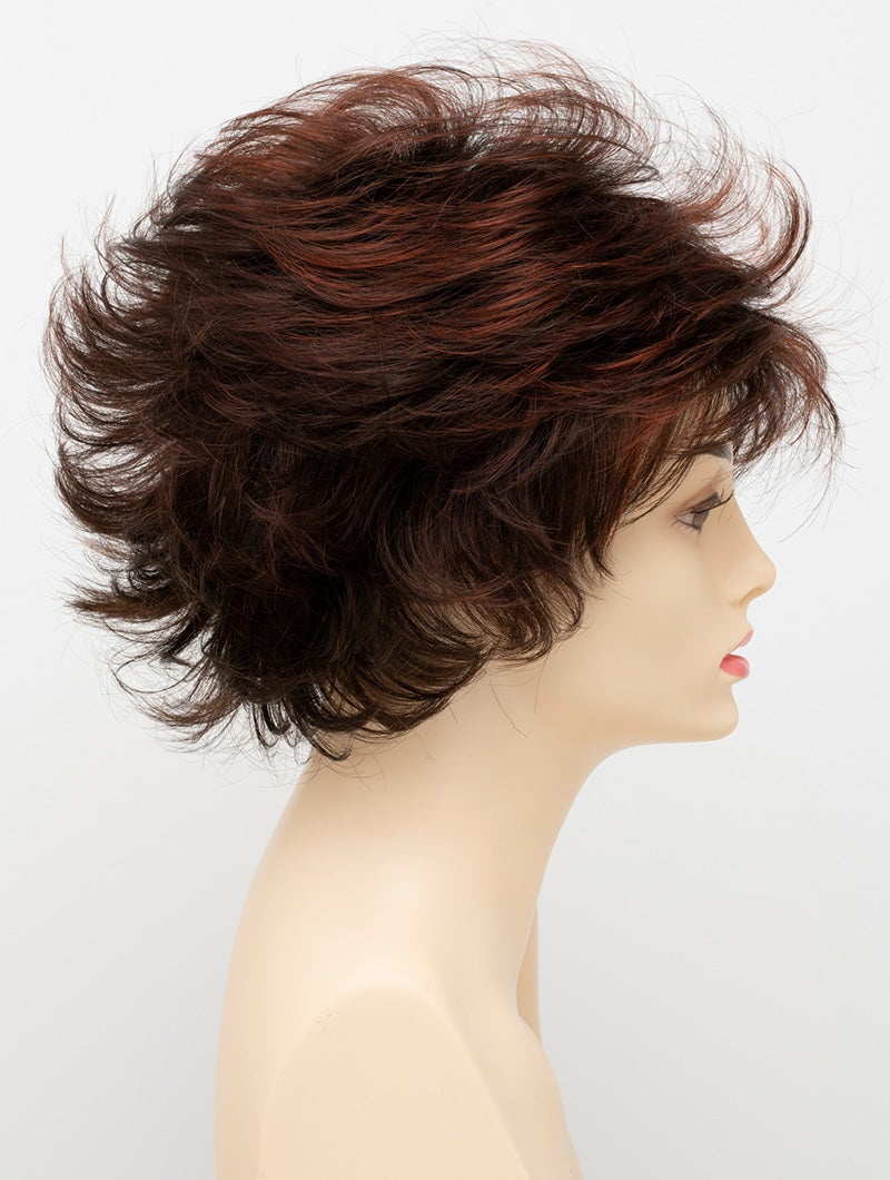 profile side of a short Kinner Beauty Wigs wig for woman on mannequin head 