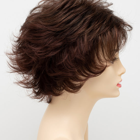 profile side of a short Kinner Beauty Wigs wig for woman on mannequin head 