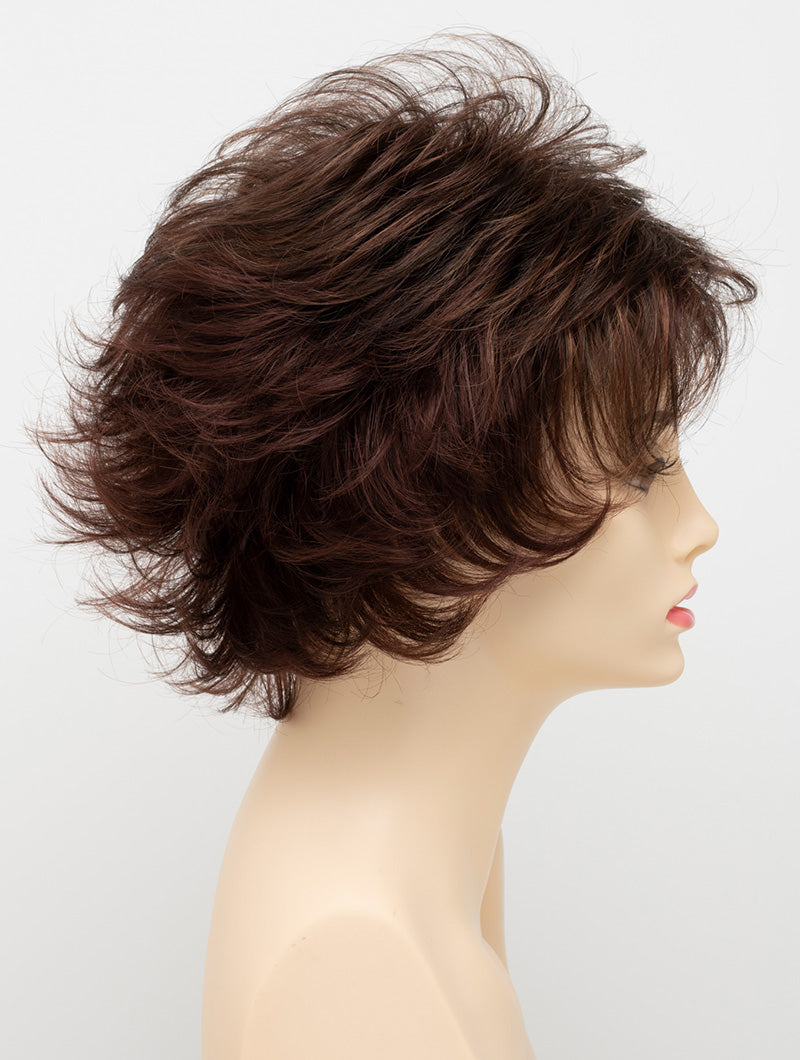 profile side of a short Kinner Beauty Wigs wig for woman on mannequin head 