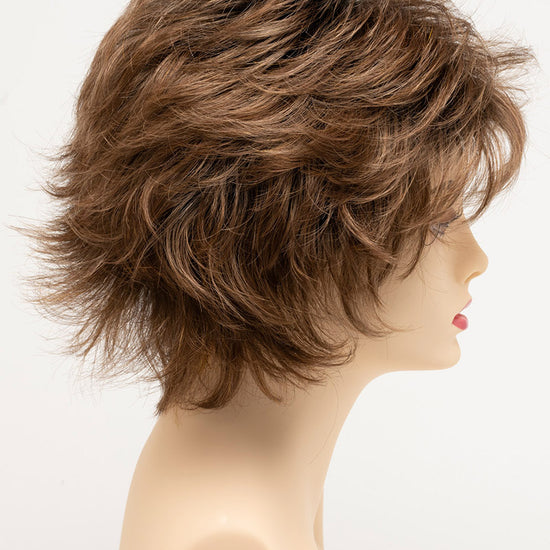 profile side of a short Kinner Beauty Wigs wig for woman on mannequin head 