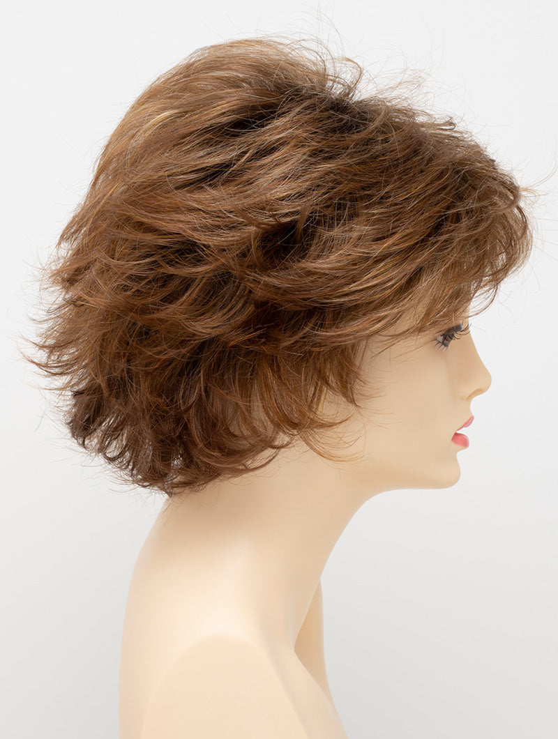 profile side of a short Kinner Beauty Wigs wig for woman on mannequin head 