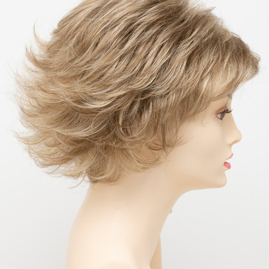 profile side of a short Kinner Beauty Wigs wig for woman on mannequin head 