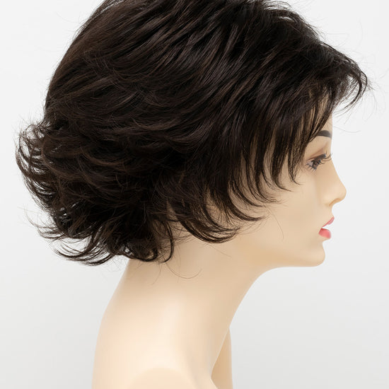 profile side of a short Kinner Beauty Wigs wig for woman on mannequin head 