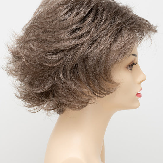 profile side of a short Kinner Beauty Wigs wig for woman on mannequin head 