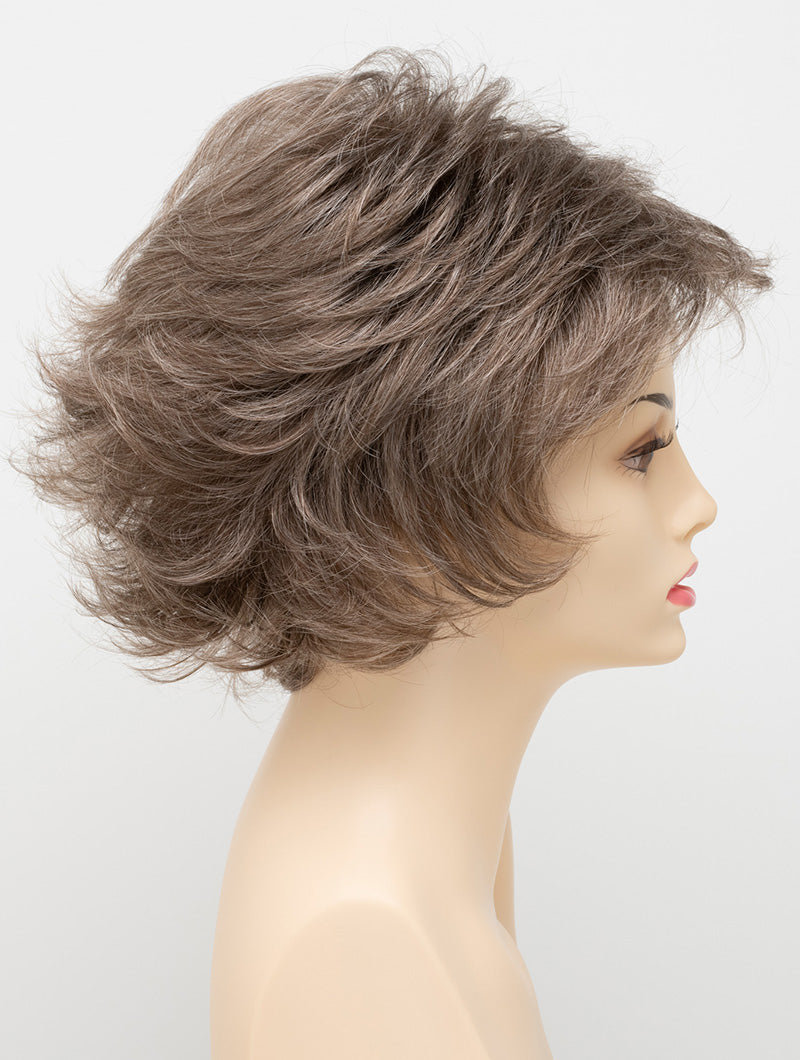 profile side of a short Kinner Beauty Wigs wig for woman on mannequin head 