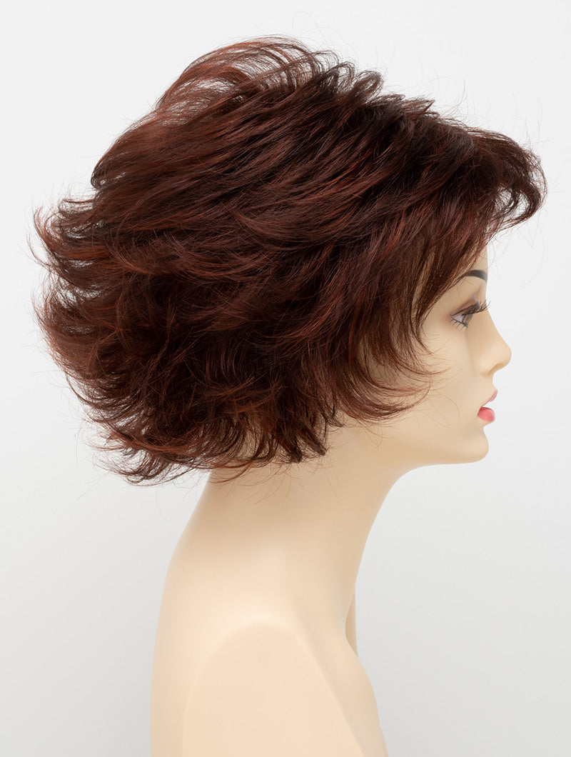 profile side of a short Kinner Beauty Wigs wig for woman on mannequin head 