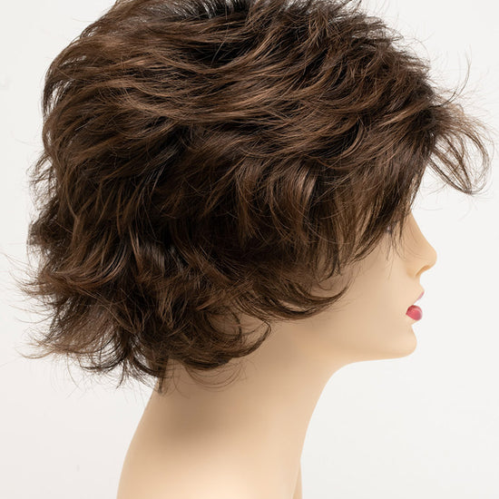 profile side of a short Kinner Beauty Wigs wig for woman on mannequin head 