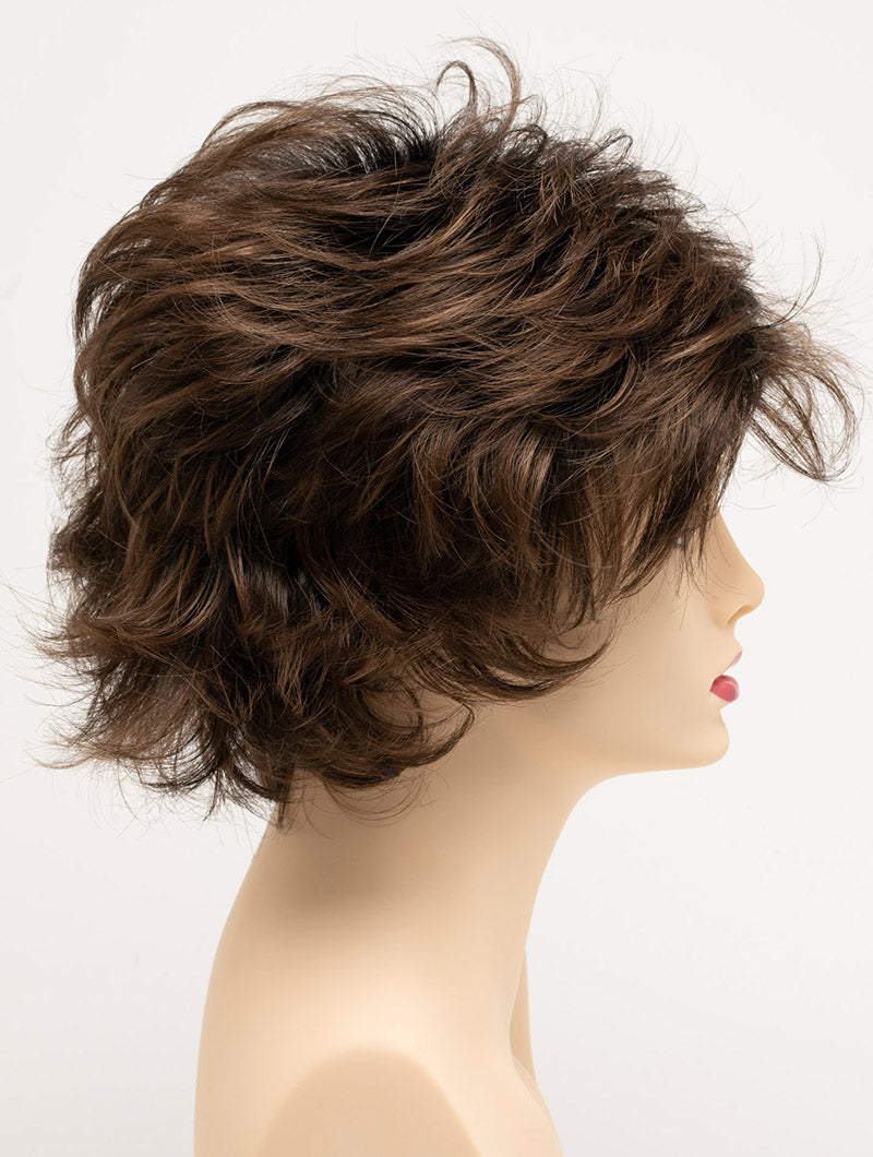 profile side of a short Kinner Beauty Wigs wig for woman on mannequin head 