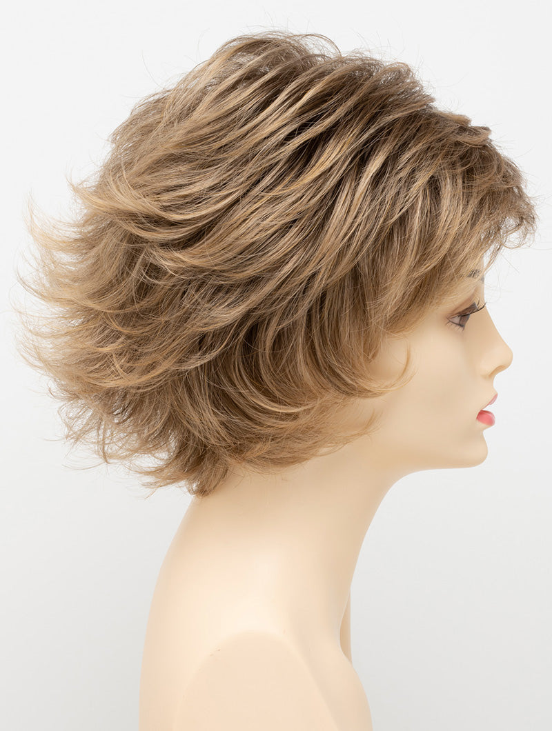 profile side of a short Kinner Beauty Wigs wig for woman on mannequin head 