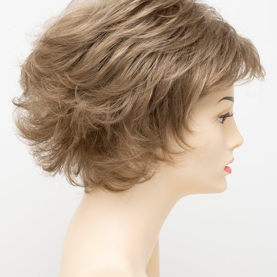 profile side of a short Kinner Beauty Wigs wig for woman on mannequin head 