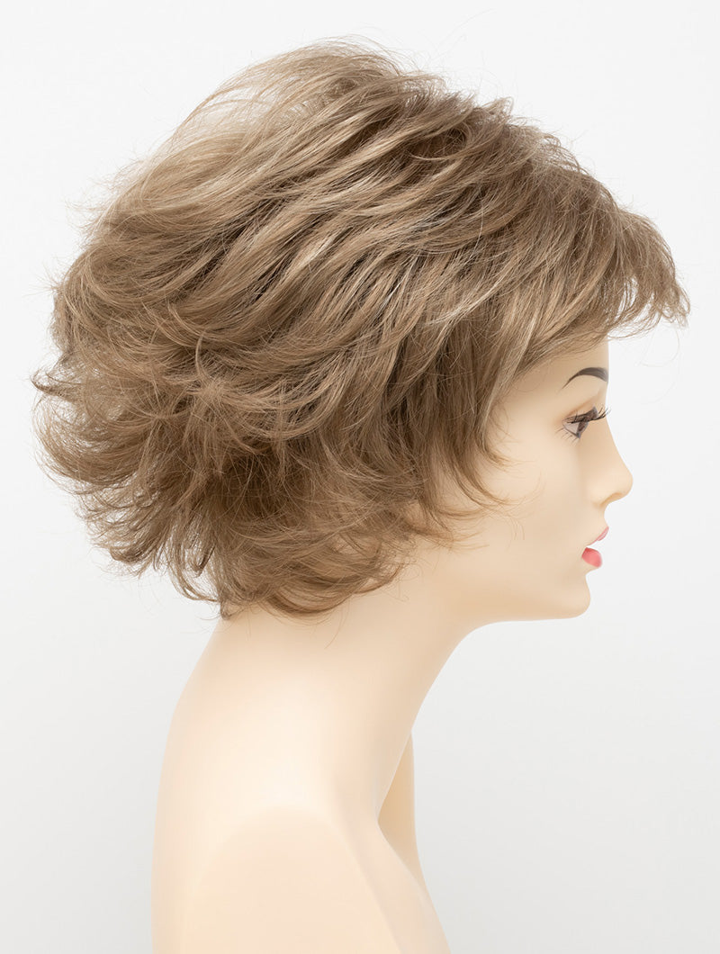 profile side of a short Kinner Beauty Wigs wig for woman on mannequin head 