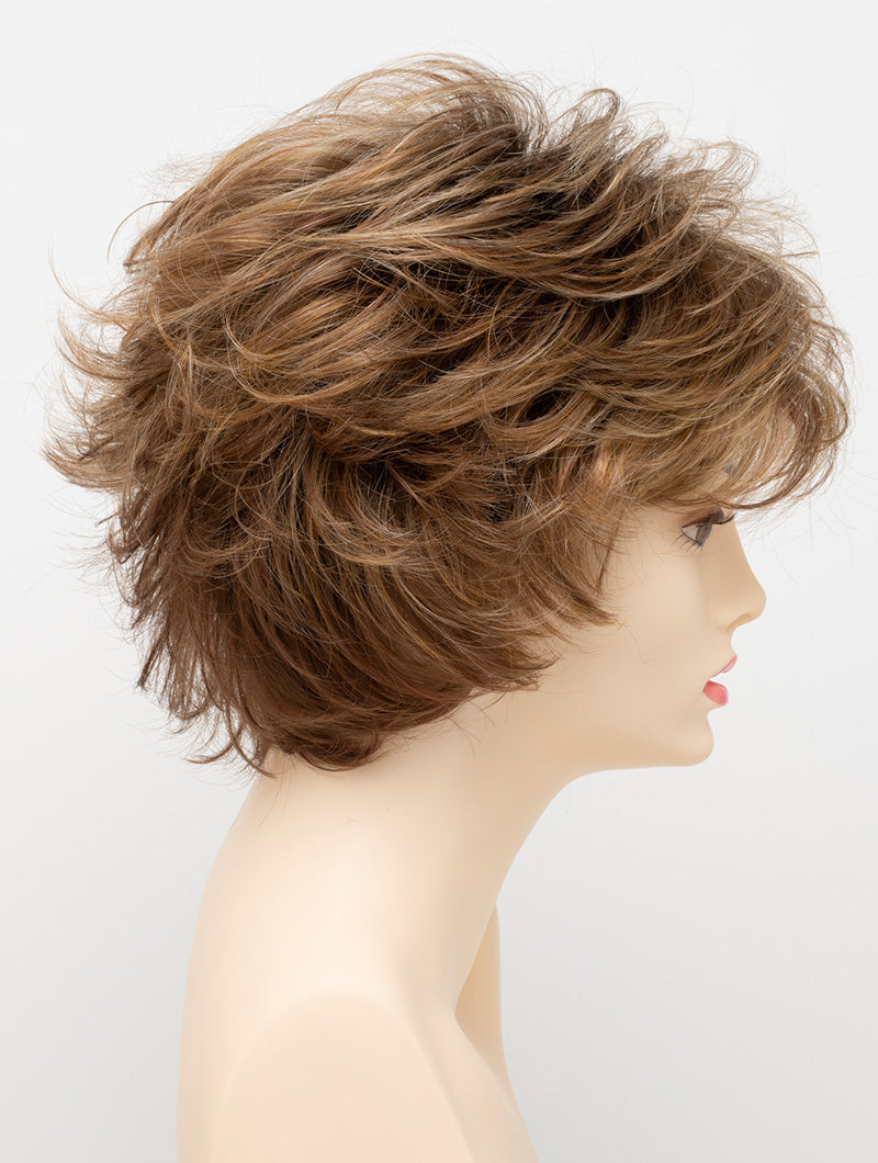 profile side of a short Kinner Beauty Wigs wig for woman on mannequin head 