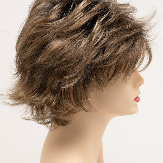 profile side of a short Kinner Beauty Wigs wig for woman on mannequin head 