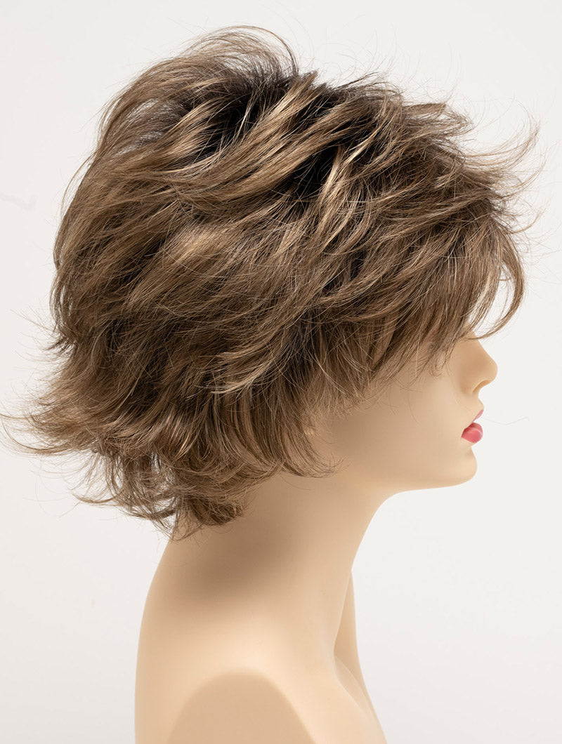 profile side of a short Kinner Beauty Wigs wig for woman on mannequin head 