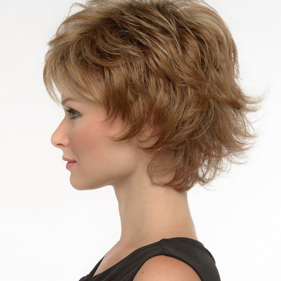 profile side of a short Kinner Beauty Wigs wig on woman head 