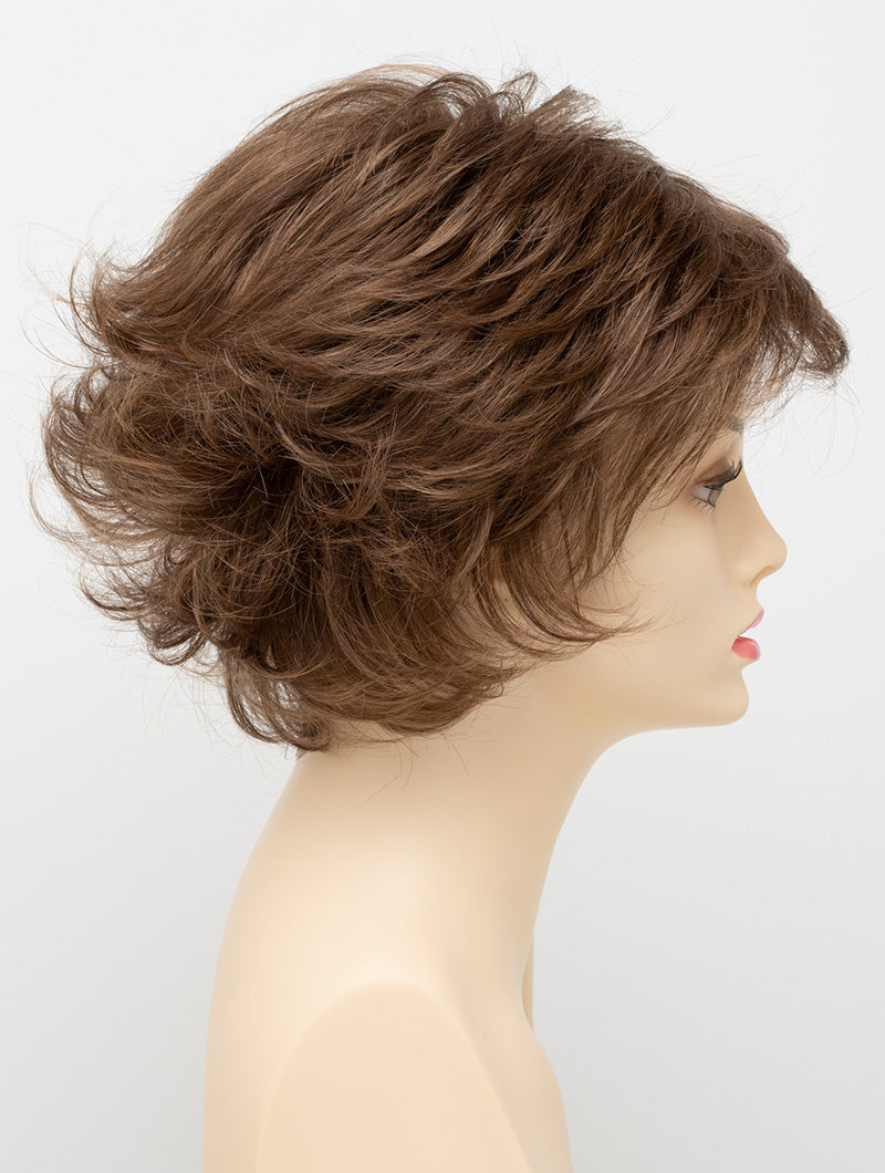 profile side of a short Kinner Beauty Wigs wig for woman on mannequin head 