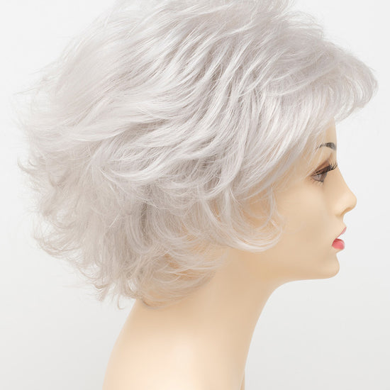 profile side of a short Kinner Beauty Wigs wig for woman on mannequin head 