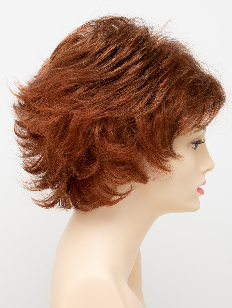 profile side of a short Kinner Beauty Wigs wig for woman on mannequin head 