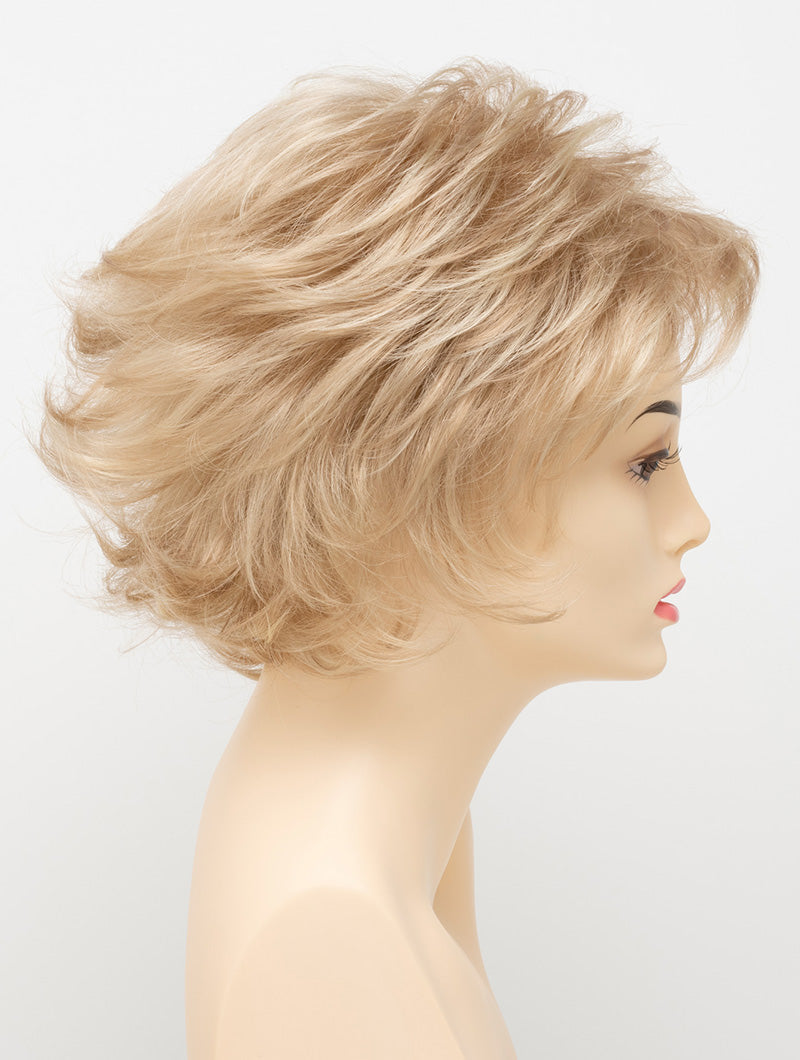 profile side of a short Kinner Beauty Wigs wig for woman on mannequin head 