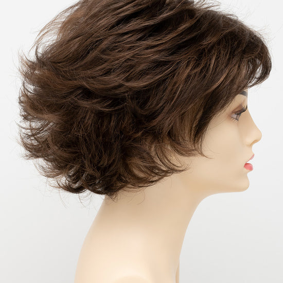 profile side of a short Kinner Beauty Wigs wig for woman on mannequin head 