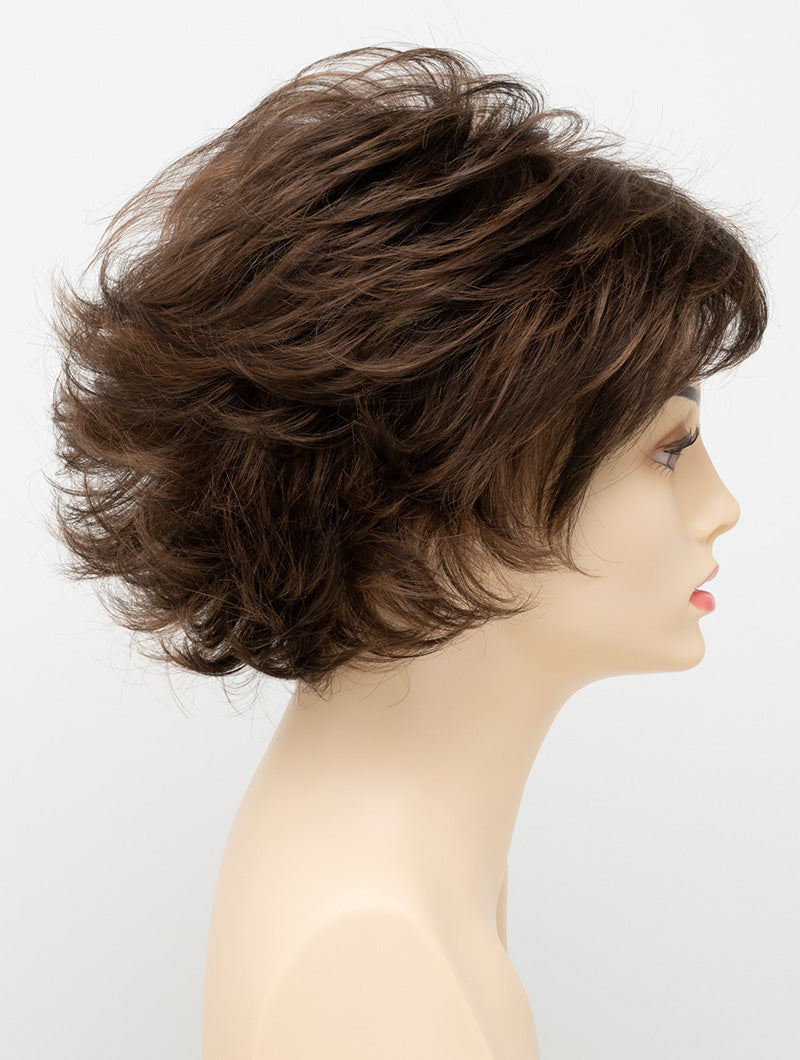 profile side of a short Kinner Beauty Wigs wig for woman on mannequin head 