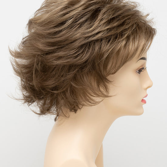 profile side of a short Kinner Beauty Wigs wig for woman on mannequin head 