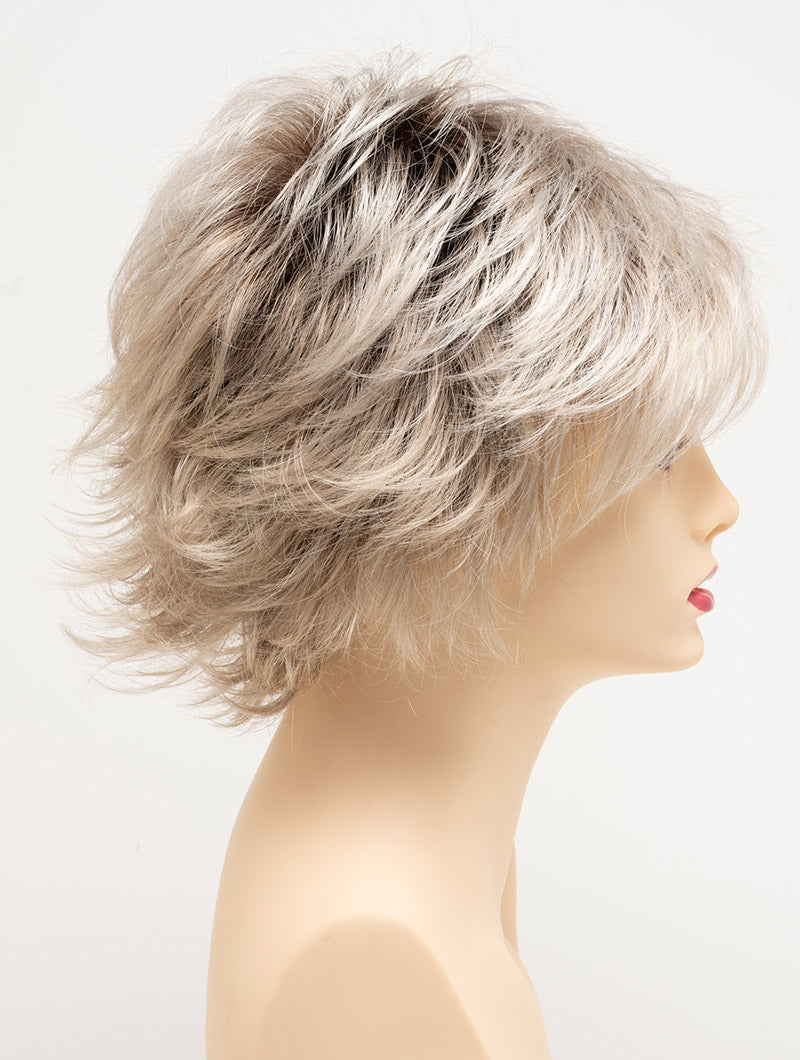 profile side of a short Kinner Beauty Wigs wig for woman on mannequin head 