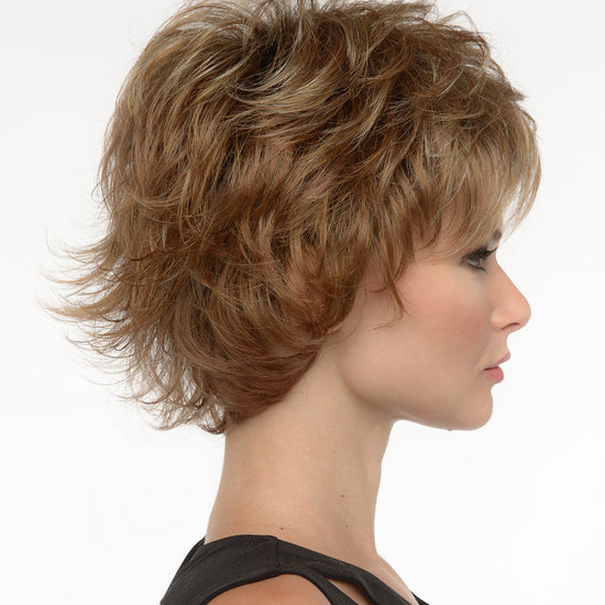 profile side of a short Kinner Beauty Wigs wig on woman head 