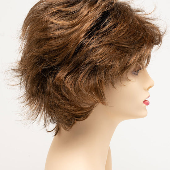 profile side of a short Kinner Beauty Wigs wig for woman on mannequin head 