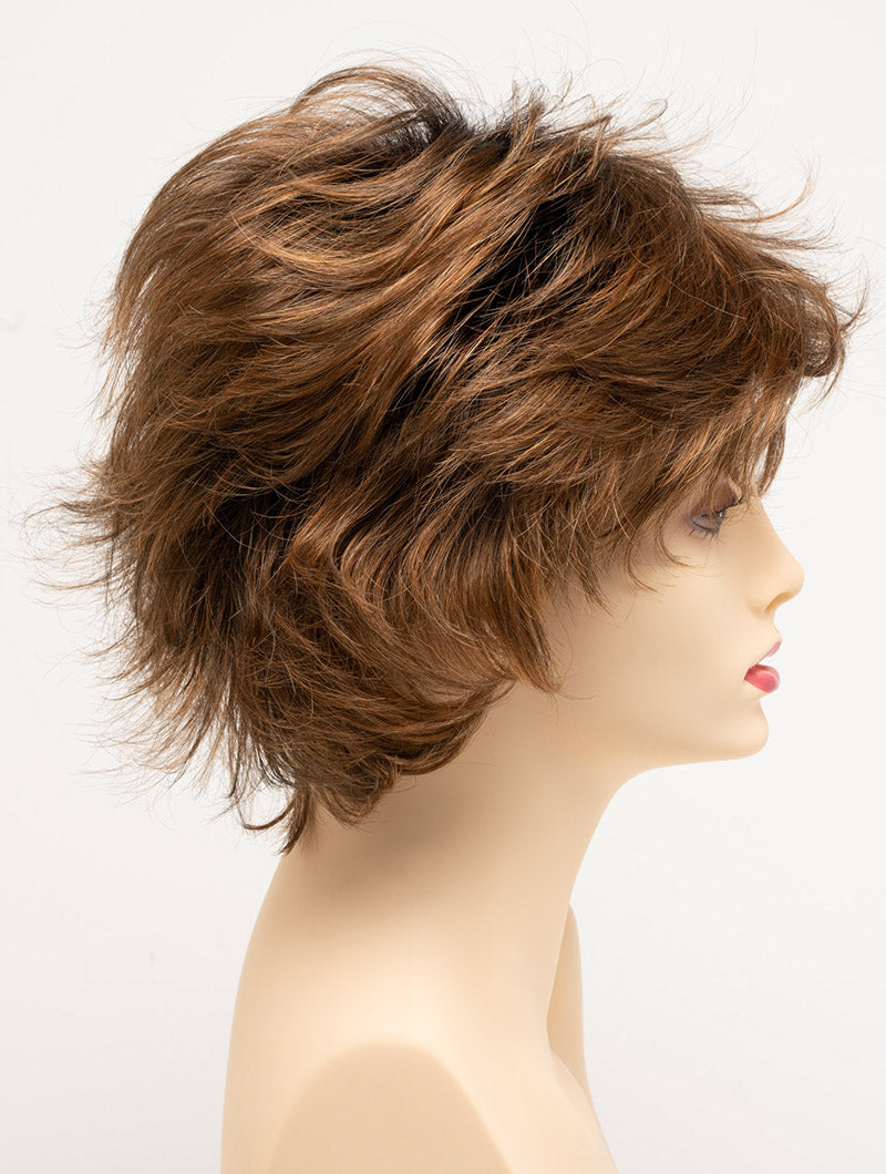 profile side of a short Kinner Beauty Wigs wig for woman on mannequin head 